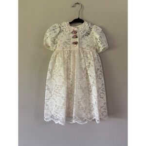 Peaches n Cream Vintage Lace Dress Cream Ivory Pink Rosettes 2T Made in USA
